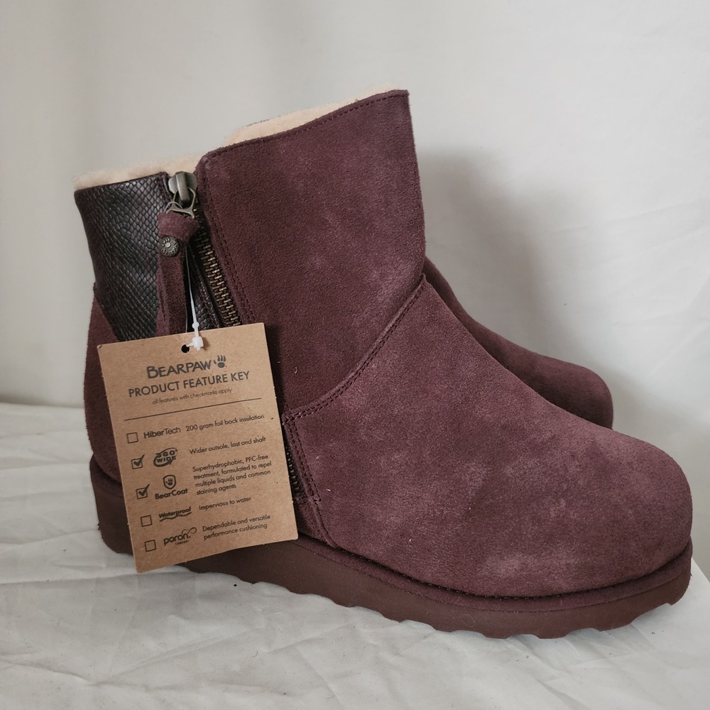 BEARPAW Boots Burgundy Stacey Suede Leather with Shearling NeverWet NEW 9.5